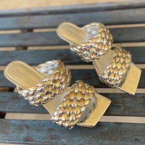 Marc Fisher Toree Women  Braided Metallic Heeled Sandals 9.5 Silver Square Toe
